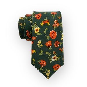 Men’s Forest Green w/ Burnt Orange Floral Print Necktie, Slim 2.75” Width Tie